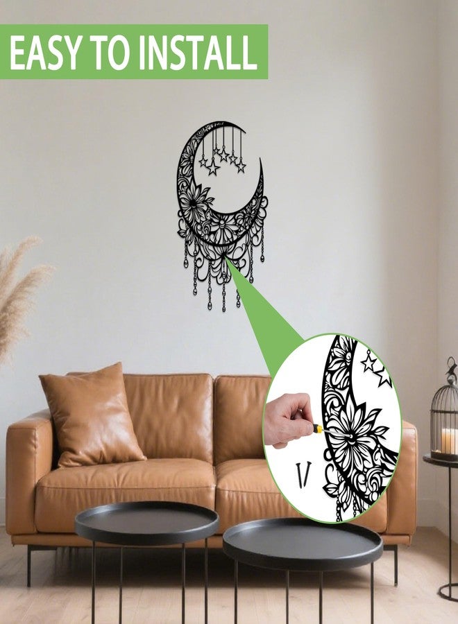 ACOSIY Black Metal Moon Wall Decor Boho Moon Phase Wall Art with Hanging Stars Floral Metal Decoration for Bedroom Living Room Indoor Outdoor - Image 2